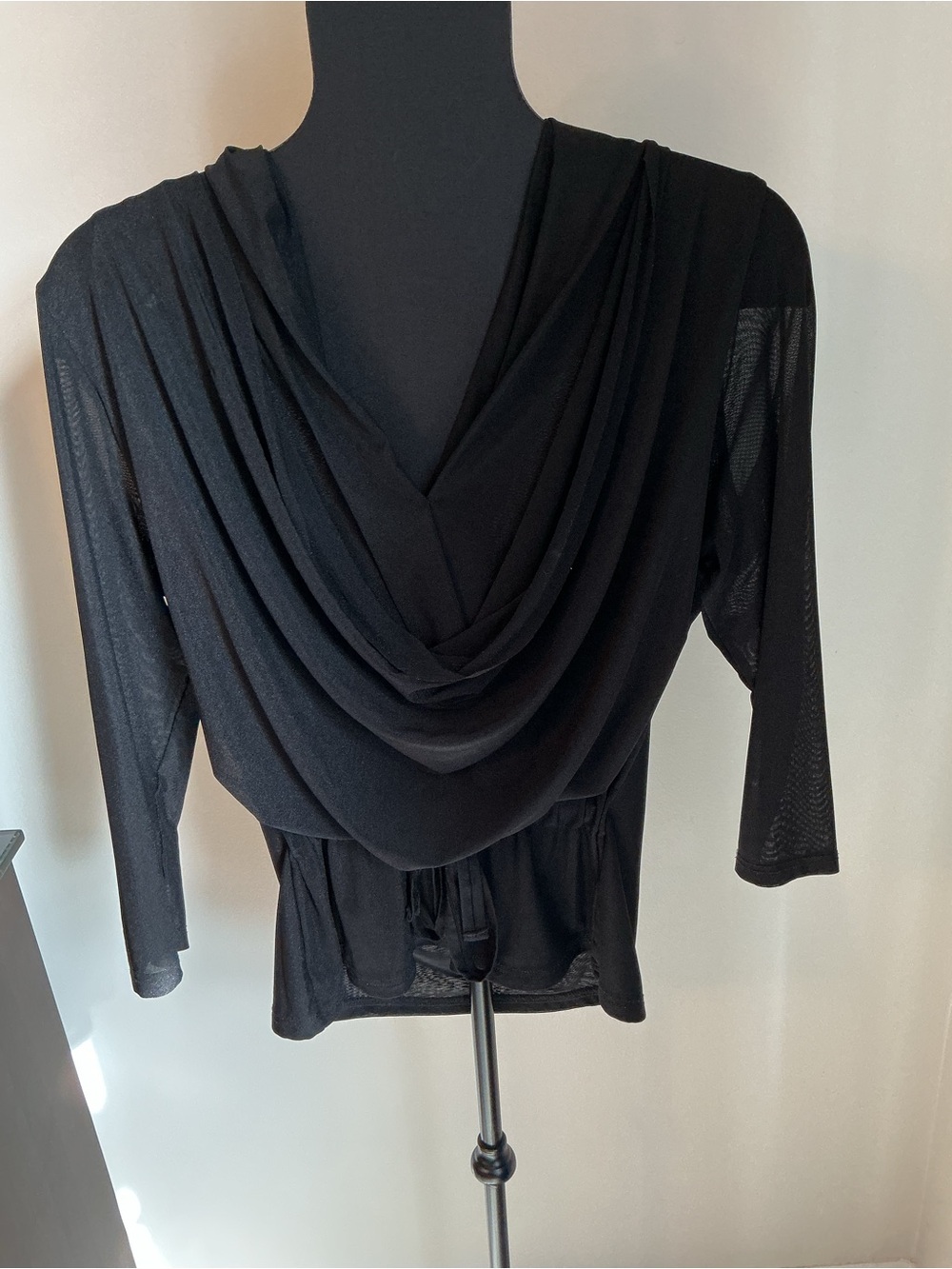 Elegant Juliette black draped cowl neck tie waist peplum top